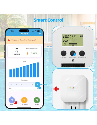Alarma de piscina WiFi Zuomeng ZM-132 solar, 24/7 monitoreo