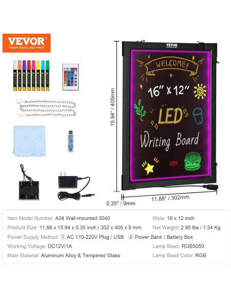 Tablero de Escritura LED VEVOR 40.64x30.48cm con Control Remoto Tablero de Escritura LED VEVOR 40.64x30.48cm con Control Remoto