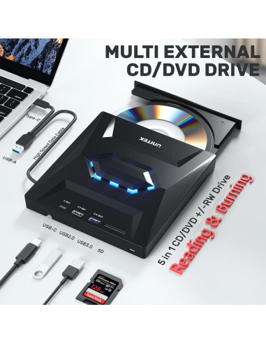 Unidad Externa de CD/DVD Unitek T037A USB 3.0 y C, Negro