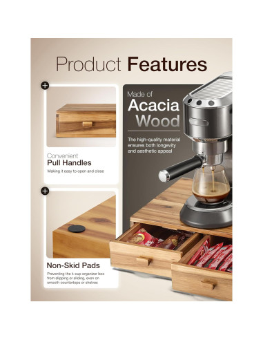 Organizador de Cápsulas de Café Tinamo - Madera de Acacia, 2 Cajones