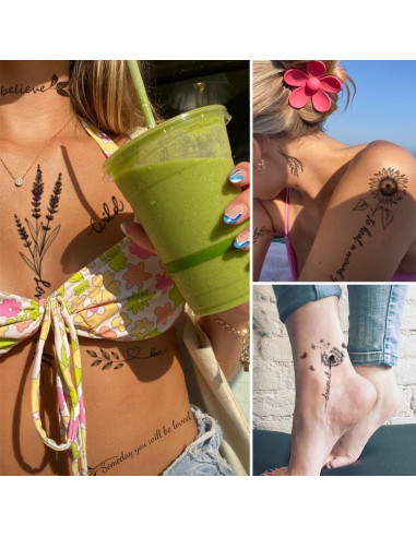 Tatuajes Temporales CHARLENT de Flores Negras - 12 Hojas