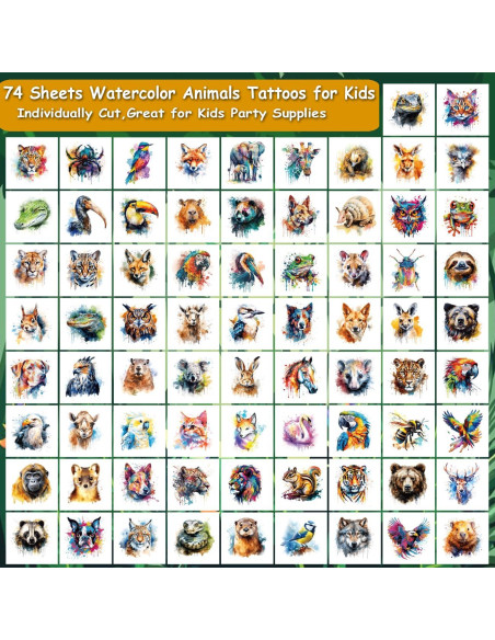 Tatuajes Temporales Acuarelados de Animales Charlent - 74 Piezas Tatuajes Temporales Acuarelados de Animales Charlent - 74 Piezas