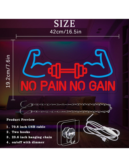 Letrero Neón LED Alkkign No Pain No Gain 42x19 cm para Gimnasio Letrero Neón LED Alkkign No Pain No Gain 42x19 cm para Gimnasio