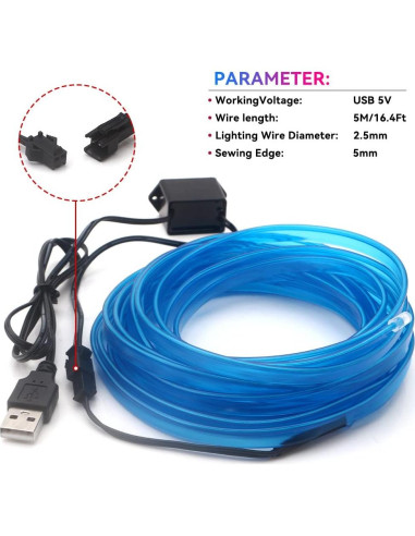 Tira de Luz LED Interior para Coche Keiurot 5M Azul USB 5V