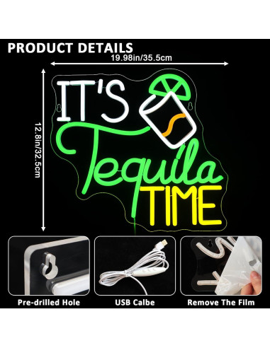 Letrero Neón LED Es Hora de Tequila 35.56x32.51cm para Bar