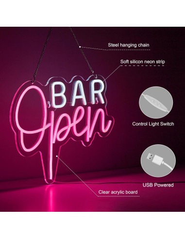 Cartel de Neón Abierto LED Hoyoelec 40x33cm Rosa y Blanco