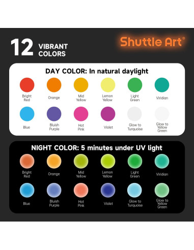 Pintura Acrílica Brillante en la Oscuridad Shuttle Art 12 Colores 60 ml