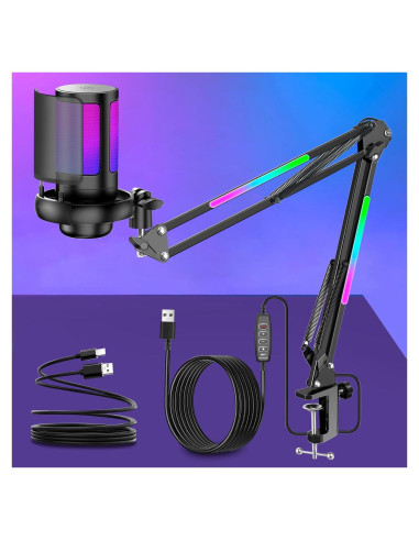 Micrófono USB KingSom Mic-1 con Brazo LED y Cancelación de Ruido