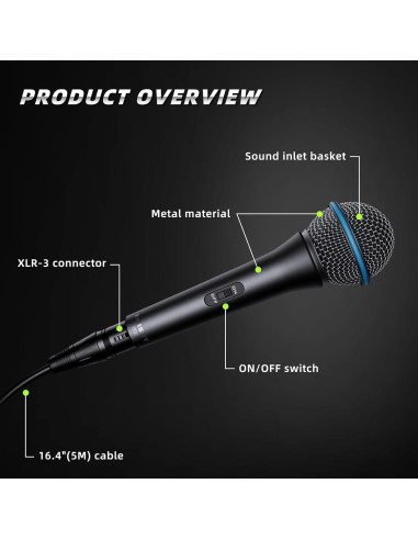 Micrófono Dinámico de Mano MRSDY DY23 con Cable XLR 5m