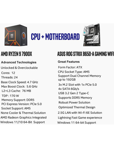 Procesador AMD Ryzen 9 7900X + Placa Base ASUS ROG Strix B650-A