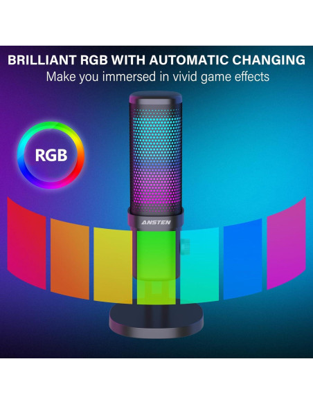 Micrófono Gaming ANSTEN USB Condensador RGB con Silencio Micrófono Gaming ANSTEN USB Condensador RGB con Silencio