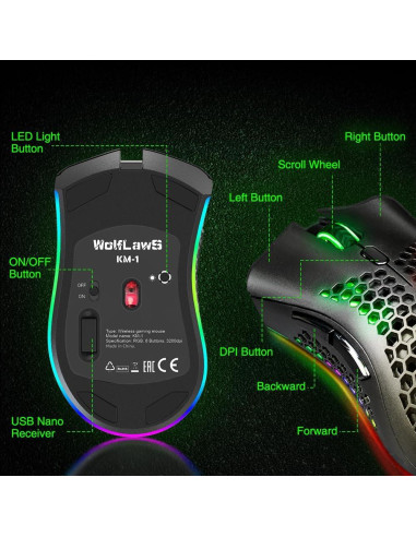 Ratón Gaming Inalámbrico WolfLawS KM-1 RGB 6 Botones 3 DPI