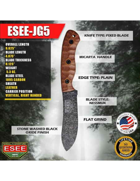 Cuchillo ESEE JG5 Nessmuk con mango de micarta y funda de cuero Cuchillo ESEE JG5 Nessmuk con mango de micarta y funda de cuero