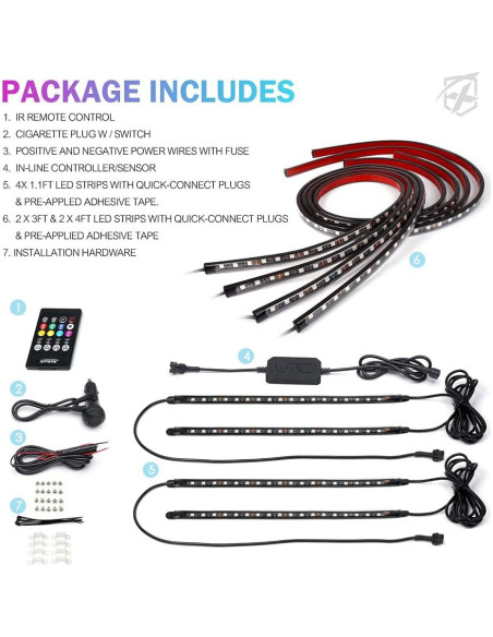 Kit de Luces LED RGB Xprite 8Pcs para Automóviles, Control APP Kit de Luces LED RGB Xprite 8Pcs para Automóviles, Control APP