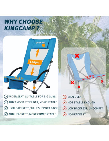 Silla de Playa KingCamp Plegable con Portavasos Azul