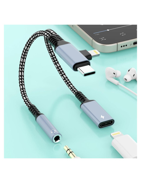Divisor de Cable Carga y Auriculares Lightning USB C Gris Divisor de Cable Carga y Auriculares Lightning USB C Gris