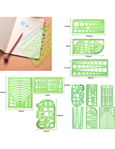 Set de Plantillas de Dibujo KesaPlan 9 Pcs Geométricas Verde Set de Plantillas de Dibujo KesaPlan 9 Pcs Geométricas Verde