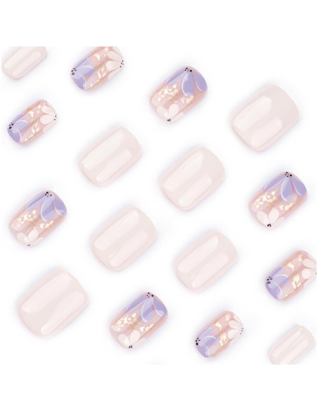 Uñas Postizas Cortas Beige Stbisen con Flores y Acabado Brillante Uñas Postizas Cortas Beige Stbisen con Flores y Acabado Brillante