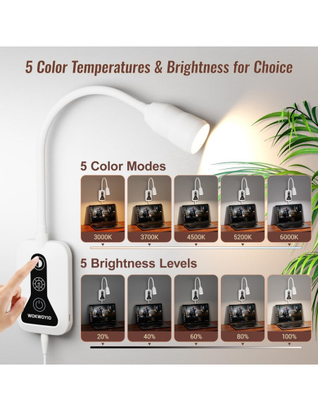 Luz de Lectura Montada en Pared WOKWOYIO con Sensor y USB-C Luz de Lectura Montada en Pared WOKWOYIO con Sensor y USB-C