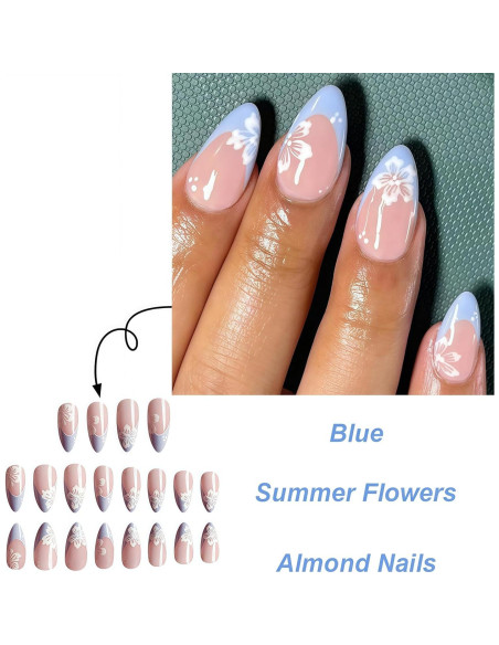 Uñas Postizas Almendra SHIQIXIANNV 24pcs Consejos Franceses Azules Uñas Postizas Almendra SHIQIXIANNV 24pcs Consejos Franceses Azules