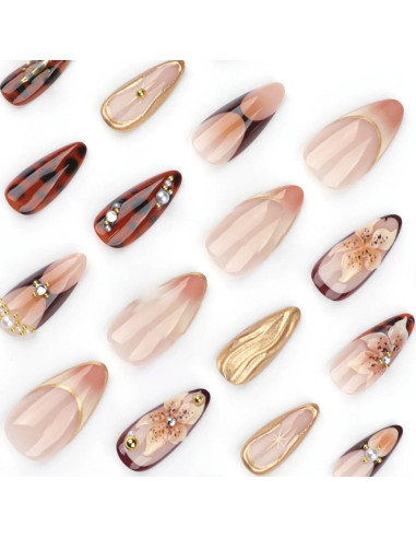 Uñas Postizas Almendras 22 Piezas YOLEZI Marrón 3D Flores