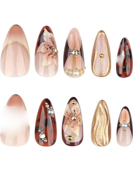 Uñas Postizas Almendras 22 Piezas YOLEZI Marrón 3D Flores Uñas Postizas Almendras 22 Piezas YOLEZI Marrón 3D Flores