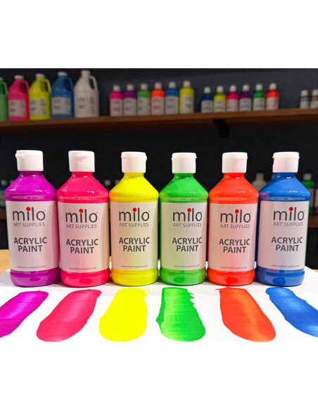 Juego de Pintura Acrílica Fluorescente Milo 6 Colores 4 oz Juego de Pintura Acrílica Fluorescente Milo 6 Colores 4 oz