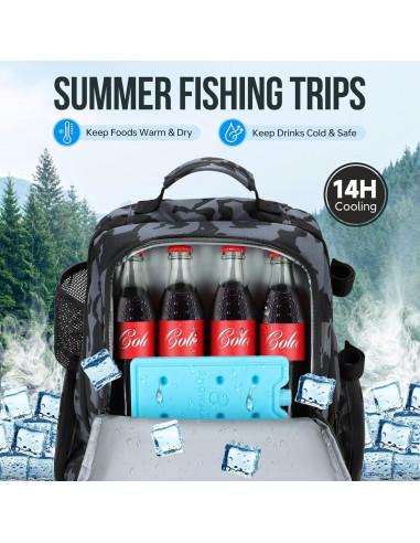 Mochila de Pesca PLUSINNO 45L con Nevera y Soportes para Cañas