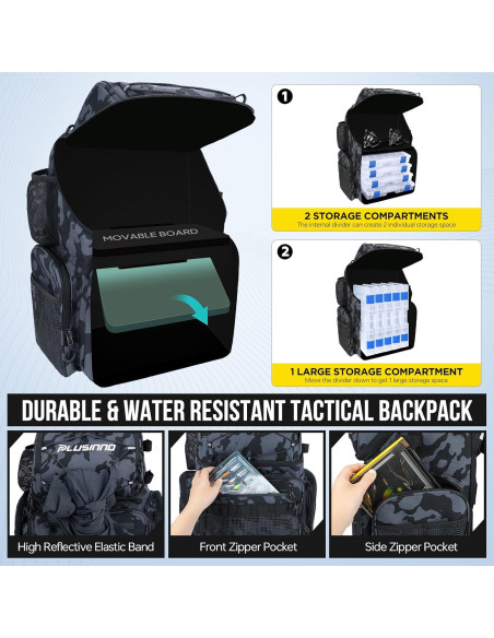 Mochila de Pesca PLUSINNO 45L con Nevera y Soportes para Cañas Mochila de Pesca PLUSINNO 45L con Nevera y Soportes para Cañas