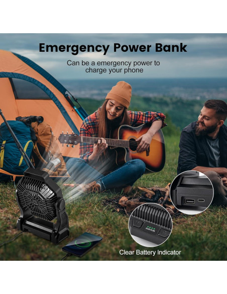 Ventilador de Camping Odoland 20000mAh con Linterna LED Negro Ventilador de Camping Odoland 20000mAh con Linterna LED Negro