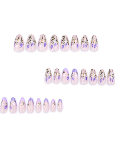 Uñas Postizas de Flor de Almendra Moradas - 24 Piezas