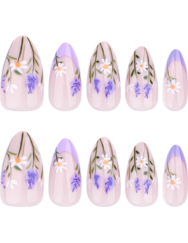 Uñas Postizas de Flor de Almendra Moradas - 24 Piezas