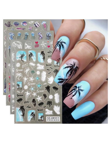 Calcomanías de Uñas 3D TANYOOTO Tema Oceánico 4 Hojas Calcomanías de Uñas 3D TANYOOTO Tema Oceánico 4 Hojas