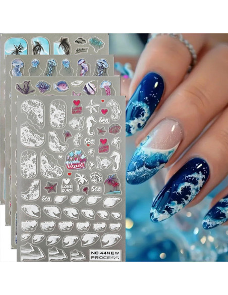 Calcomanías de Uñas 3D TANYOOTO Tema Oceánico 4 Hojas Calcomanías de Uñas 3D TANYOOTO Tema Oceánico 4 Hojas