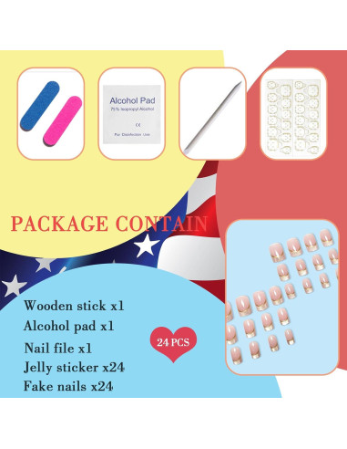 Uñas Postizas Cortas Cuadradas KAICCOSO 24 Pcs Punta Francesa