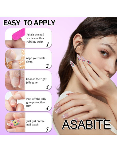 24 Uñas Postizas Almendra ASABITE con Diseño 3D y Ondas