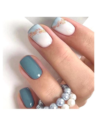 Uñas Postizas Cortas RUPOFUZA 24Pcs Brillantes Azules