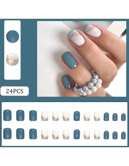 Uñas Postizas Cortas RUPOFUZA 24Pcs Brillantes Azules Uñas Postizas Cortas RUPOFUZA 24Pcs Brillantes Azules