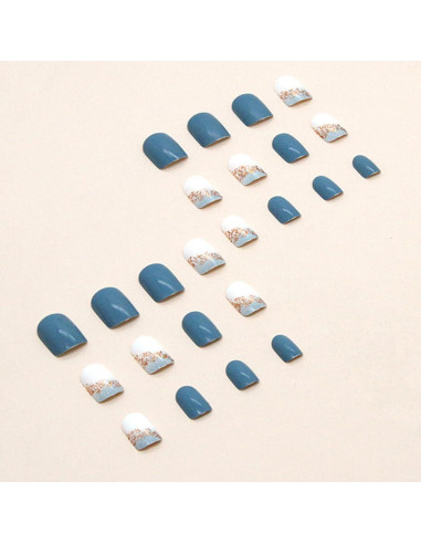 Uñas Postizas Cortas RUPOFUZA 24Pcs Brillantes Azules