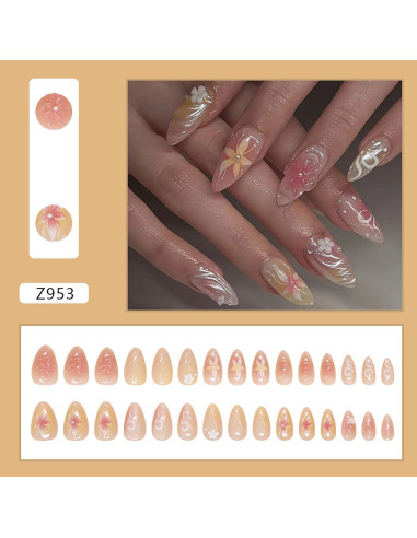 Uñas Postizas Almendra Media 30Pcs LOPMNGHT Diseño 3D