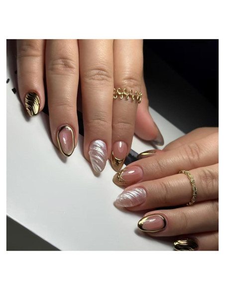 24 Uñas Postizas Almendra KSTBJN Doradas Reutilizables 24 Uñas Postizas Almendra KSTBJN Doradas Reutilizables