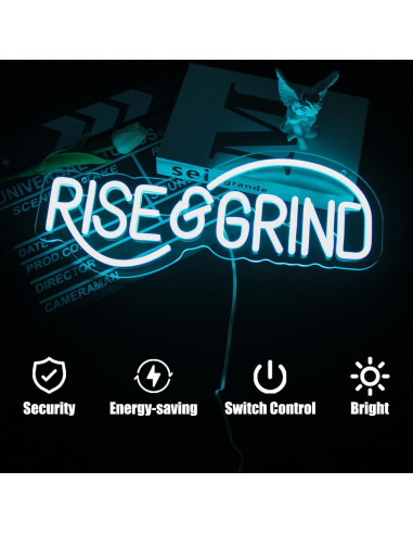 Letrero de Neón LED Rise & Grind Azul Hielo 42x18 cm