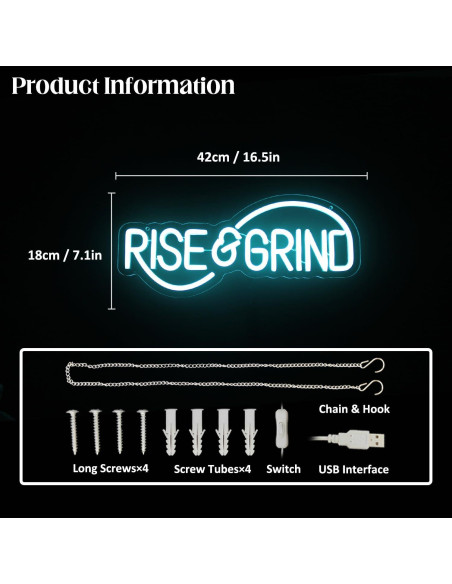 Letrero de Neón LED Rise & Grind Azul Hielo 42x18 cm Letrero de Neón LED Rise & Grind Azul Hielo 42x18 cm
