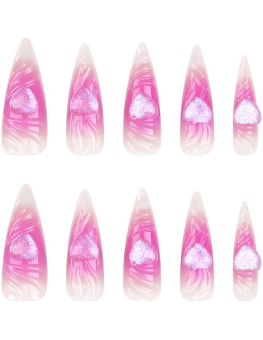 Uñas Postizas Largas Stiletto Rosa 24 Pcs con Diseño 3D