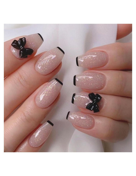 Uñas Postizas Cortas Acrílicas PXUEZAY 24 Pcs Lazo Negro Uñas Postizas Cortas Acrílicas PXUEZAY 24 Pcs Lazo Negro