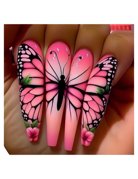Uñas Postizas Cuadradas Rosa Gradiente con Mariposas 24 Pcs Uñas Postizas Cuadradas Rosa Gradiente con Mariposas 24 Pcs