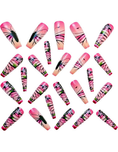 Uñas Postizas Cuadradas Rosa Gradiente con Mariposas 24 Pcs