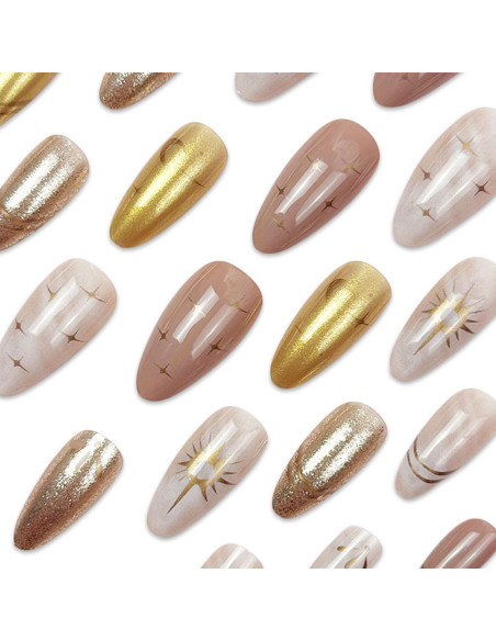24 Uñas Postizas Almendra Cortas NEWSPIED con Diseño Dorado 24 Uñas Postizas Almendra Cortas NEWSPIED con Diseño Dorado