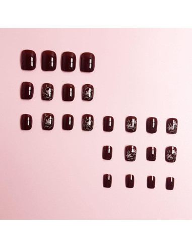 Uñas Postizas Cortas Cuadradas MIXFOSAHN con Flores 24 Pcs