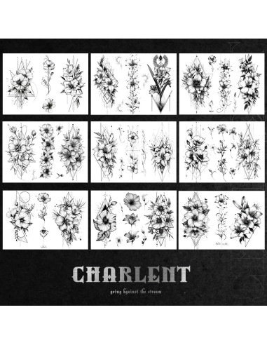 Tatuajes Temporales CHARLENT Flor Negra - 9 Hojas Grandes 22.1x15 cm